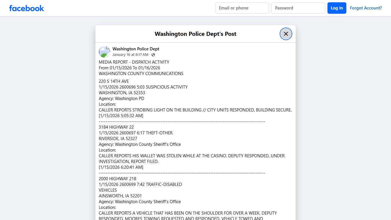 MEDIA REPORT - DISPATCH ACTIVITY... - Washington Police Dept Facebook